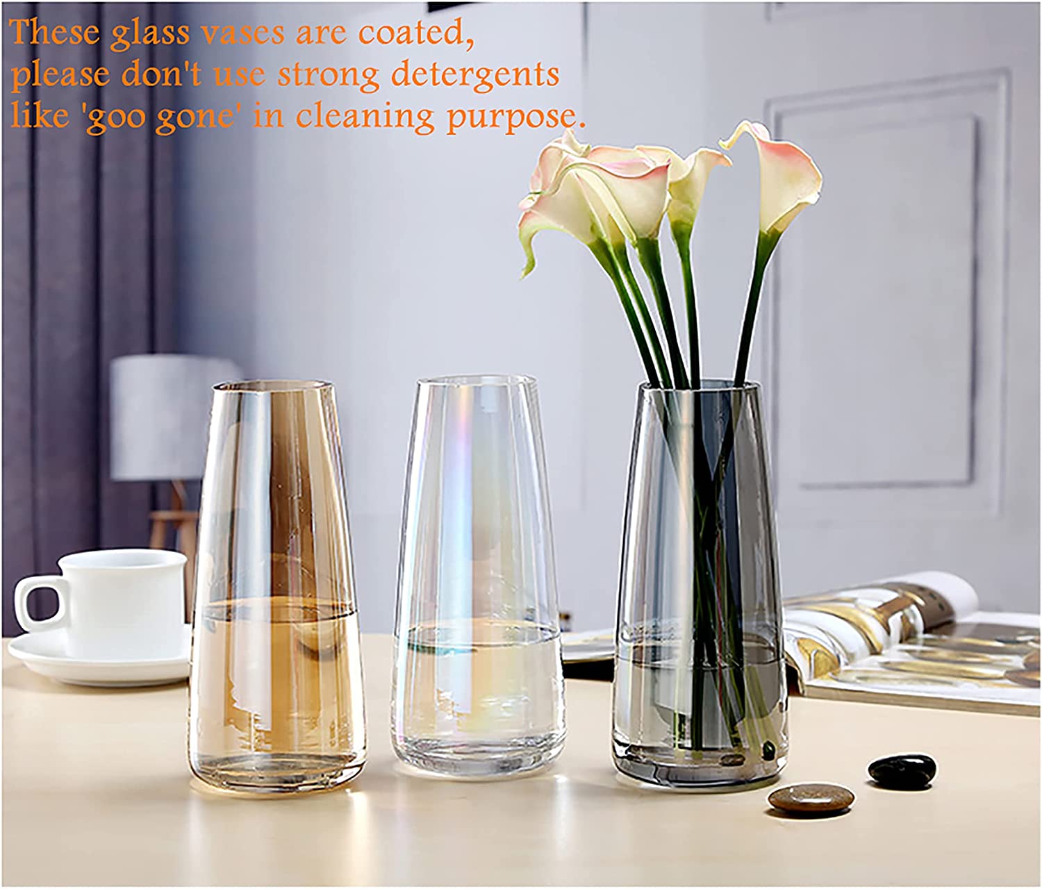 Ins Modern Glass Vase Irised Crystal Clear Glass Vase for Home Office Decor (Crystal Grey)