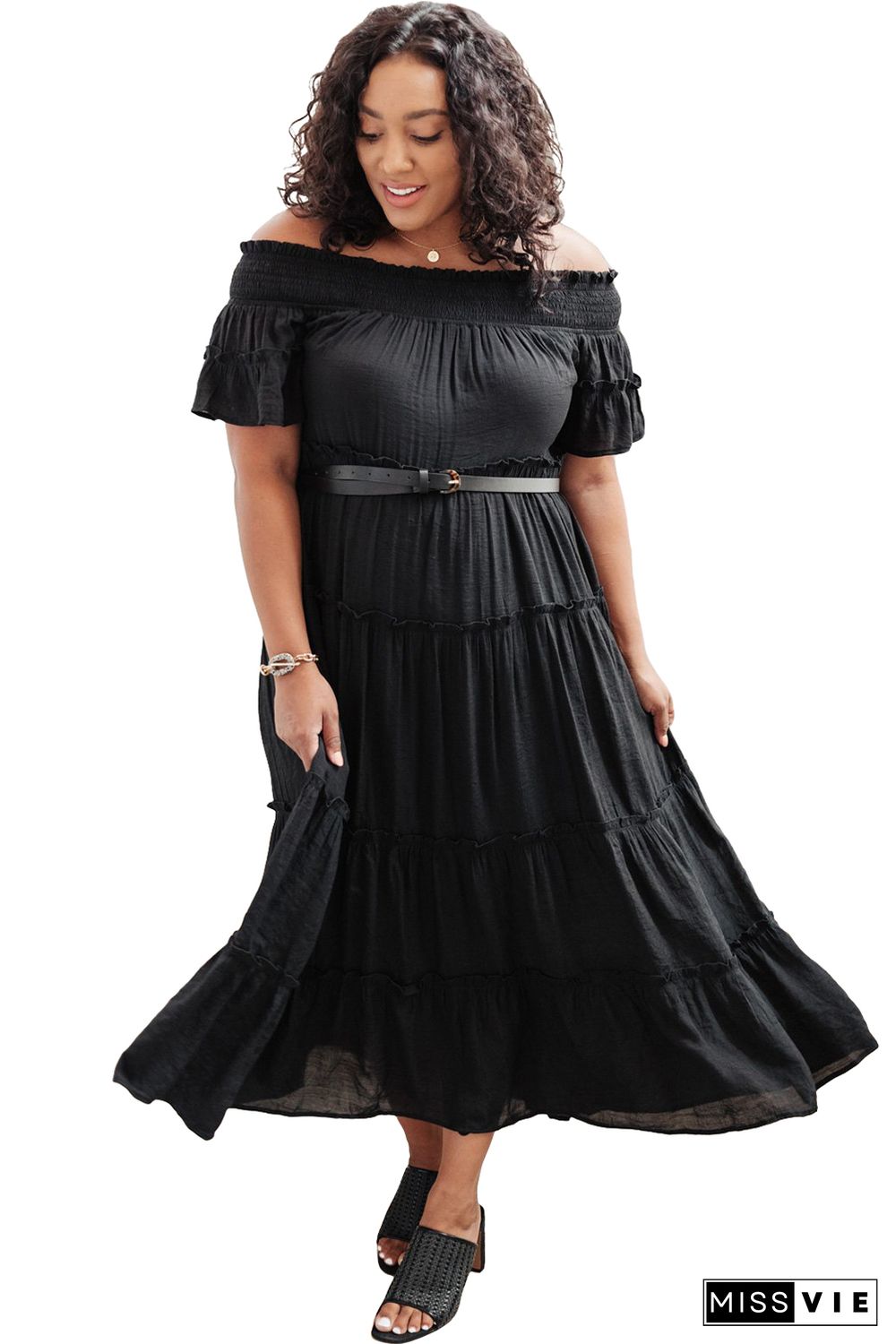 Black Plus Size Smocked Off Shoulder Frill Tiered Maxi Dress