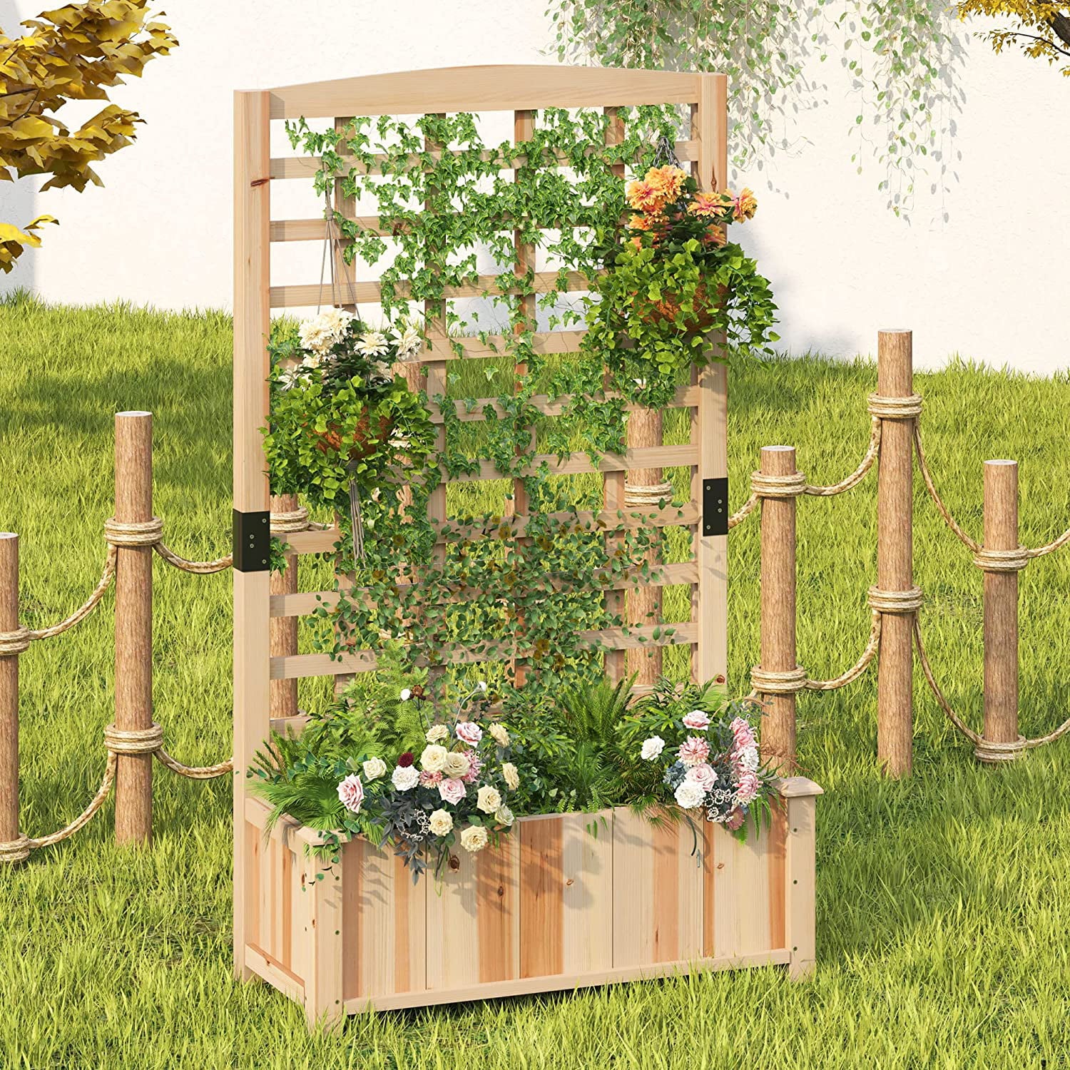 SogesPower Raised Garden Bed with Trellis, Wood Elevated Planter Box with Climbing Trellis, 60