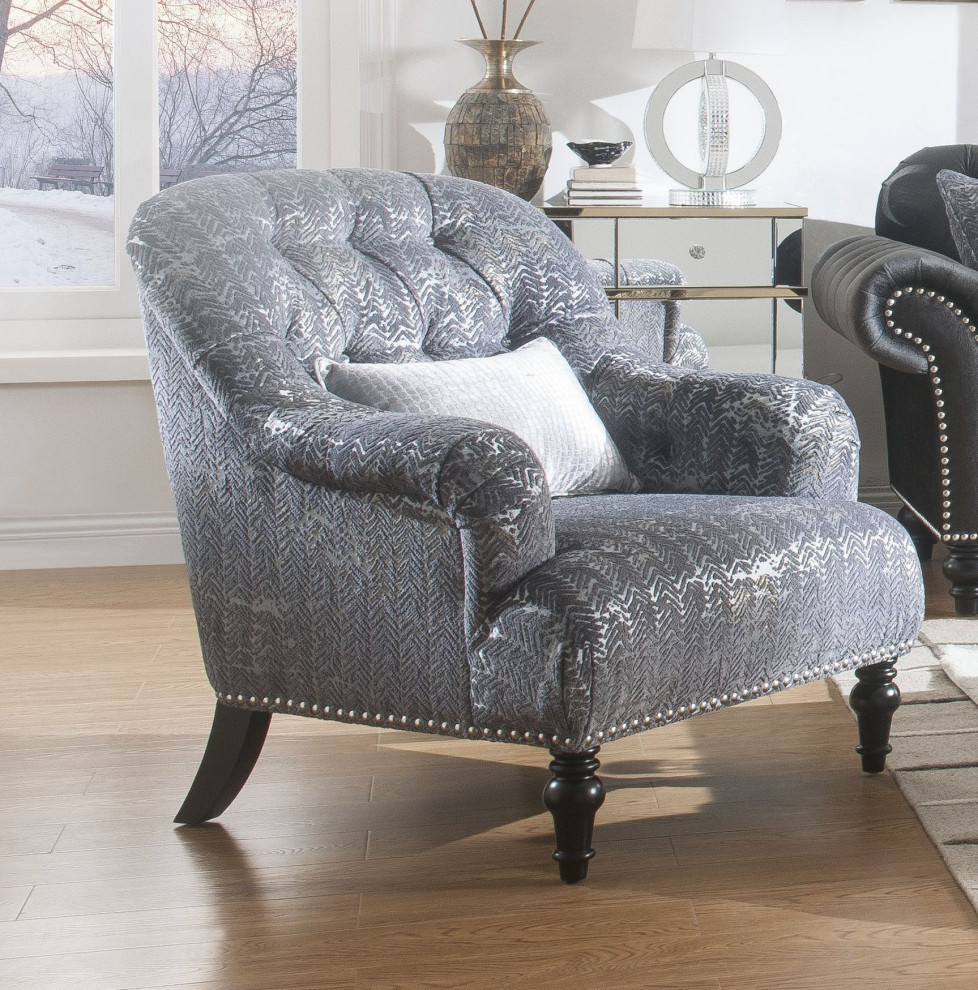 Gaura Chair With 1 Pillow  Pattern Gray Velvet   Traditional   Armchairs And Accent Chairs   by Homesquare  Houzz