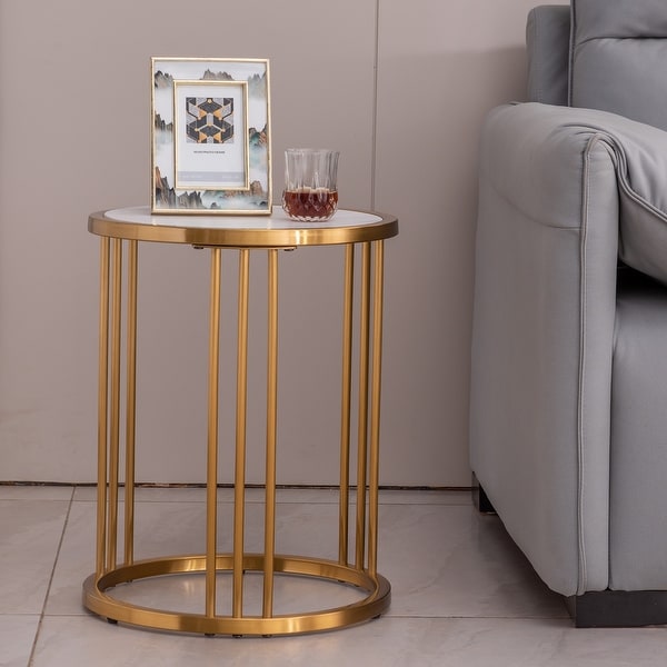 Round Side/ End table Sintered Stone with Golden Stainless Steel Frame