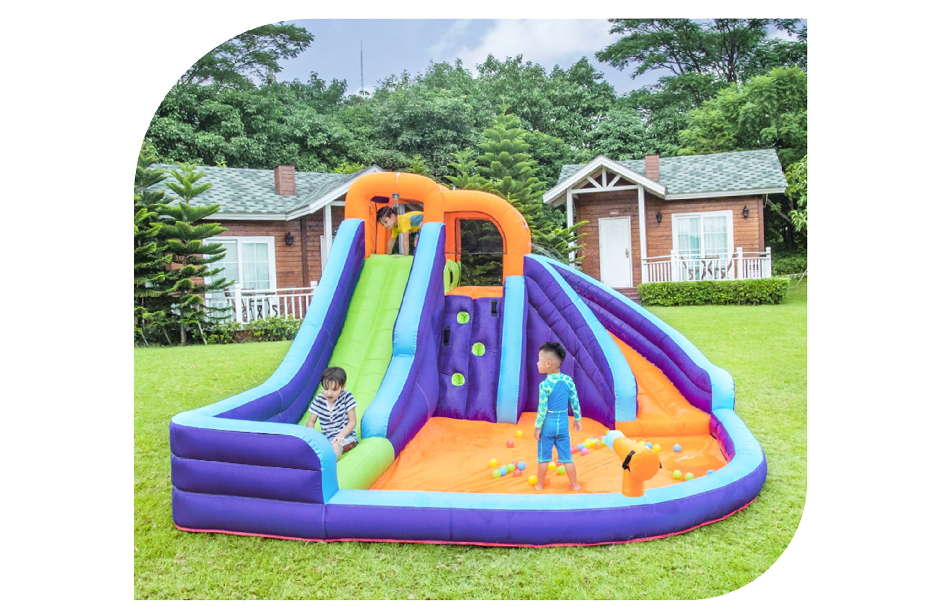 CocoNut Castles Double Slide Inflatable Water Park with Climbing Wall & Water Cannon