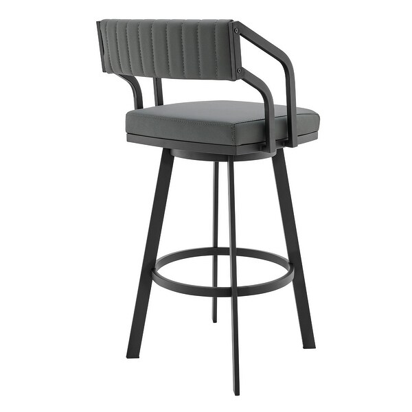 30 Inch Swivel Barstool Chair， Open Sloped Arms， Gray Faux Leather， Black