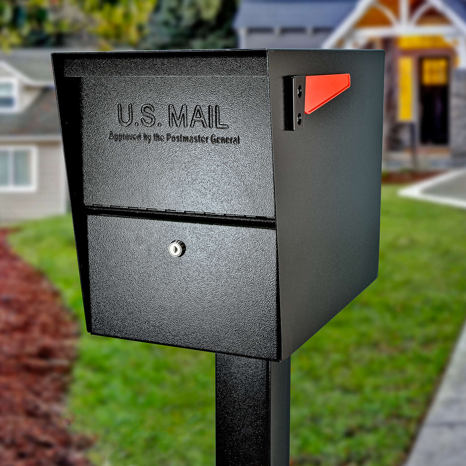 Mail Boss Package Master Modern Galvanized Steel Post Mount Black Locking Mailbox