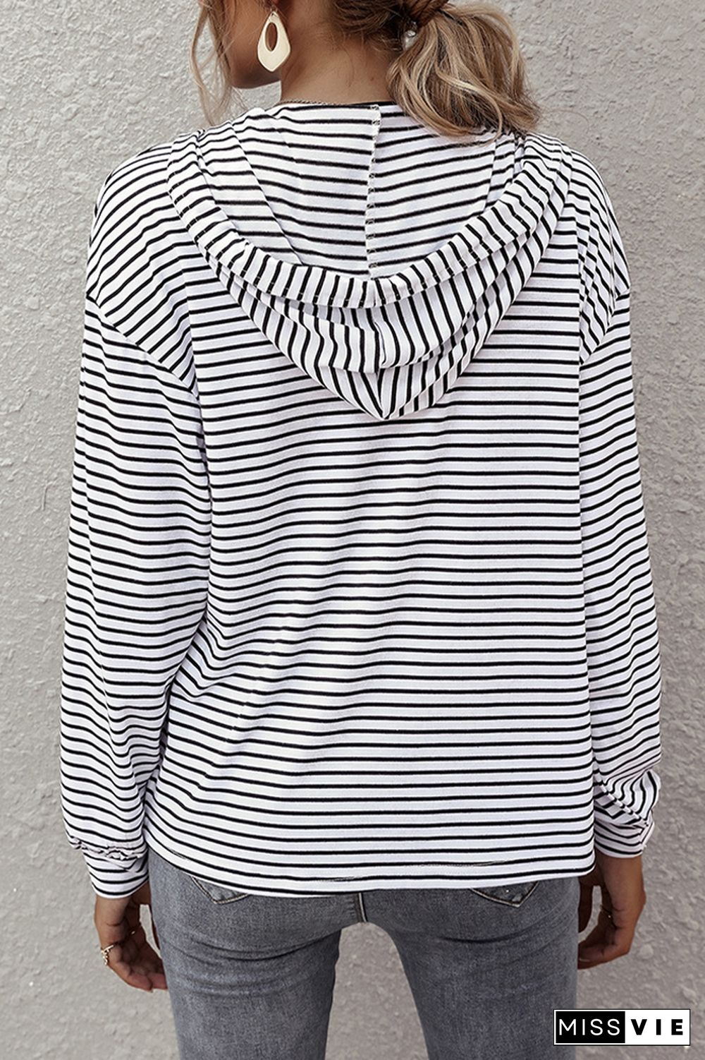 Stripes V Neck Front Pocket Drawstring Hoodies Wholesale