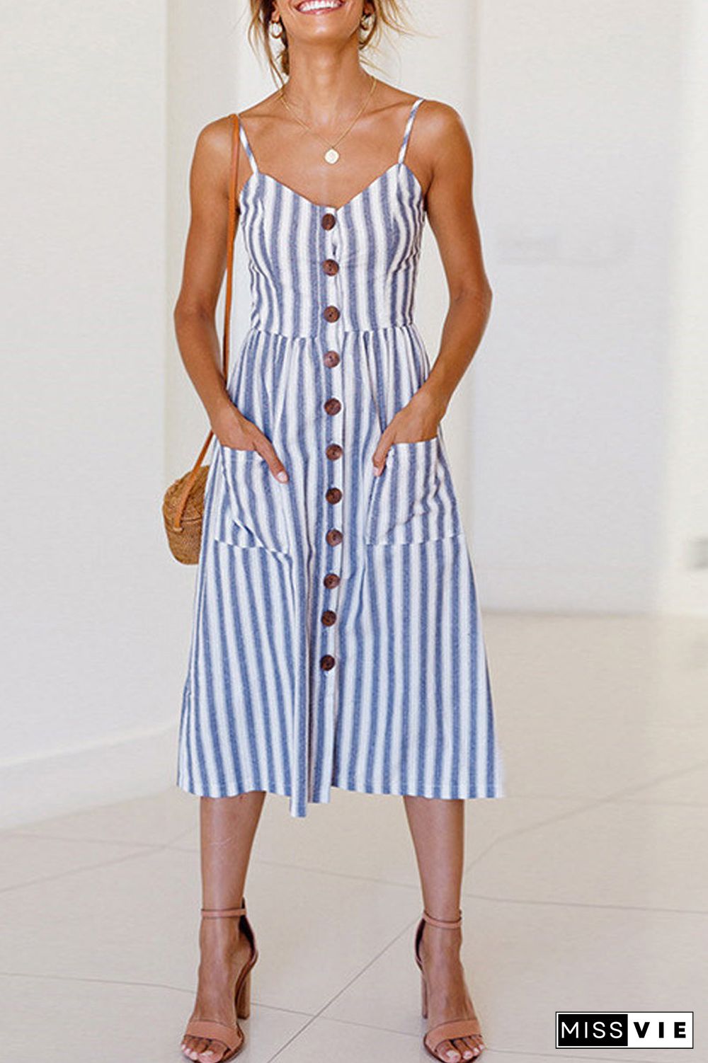 Striped Halter Botton Up Pocket Midi Dress