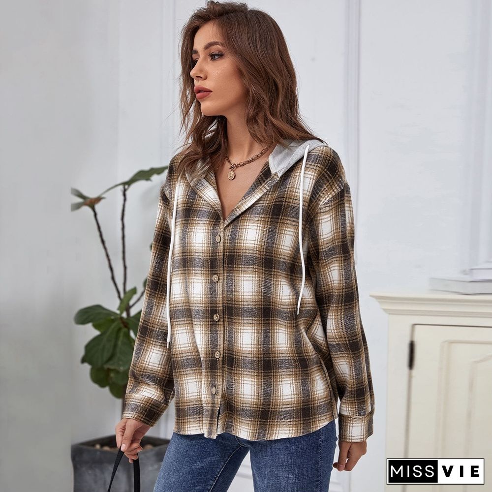 Plaid Hooded Button Down Jacket