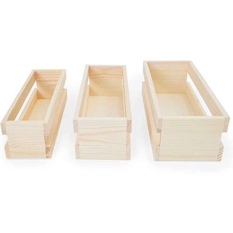 Bright Creations Wooden Trays Set with Handle， Crates for Storage (Natural Color， 3 Pieces)