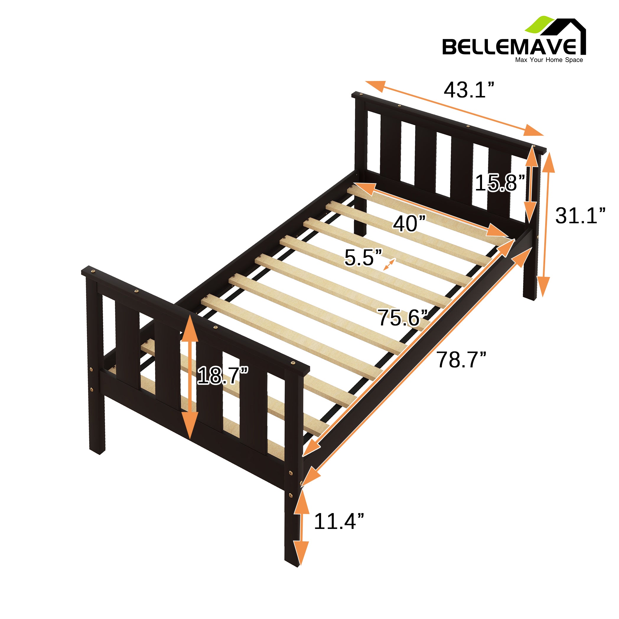 Bellemave Twin Size Platform Bed Frame with Slat Headboard and Footboard, Pine Wood Frame Bed for Kids, No Box Spring(Expresso)