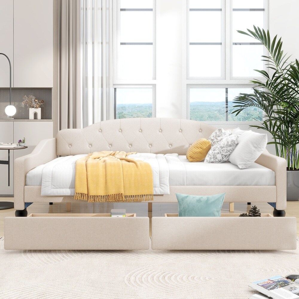 Full Size Upholstered Tufted Daybed with Two Drawers  Beige