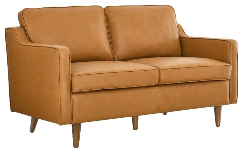 Modway Impart Modern Cushion Back Genuine Leather Upholstered Loveseat in Tan   Midcentury   Loveseats   by Homesquare  Houzz