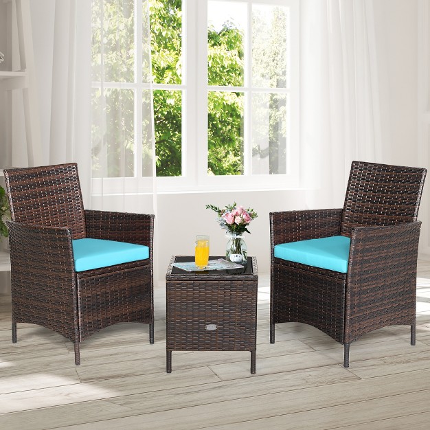 Costway 3pcs Patio Rattan Furniture Set Cushioned Sofa Glass Tabletop Deck Red blue White