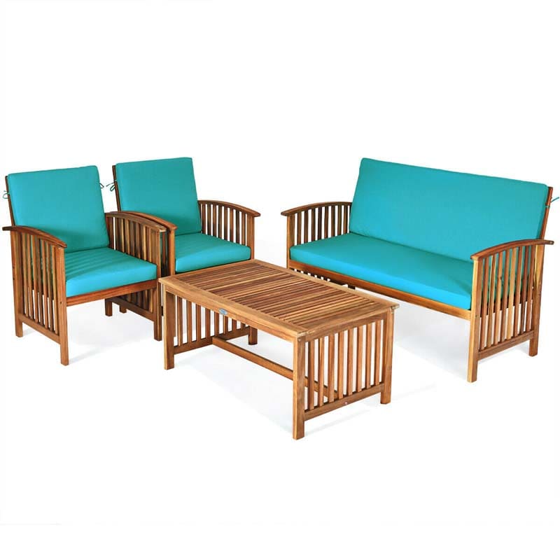 4 Pcs Outdoor Acacia Wood Sofa Set Patio Conversation Furniture Set with Cushions & Coffee Table