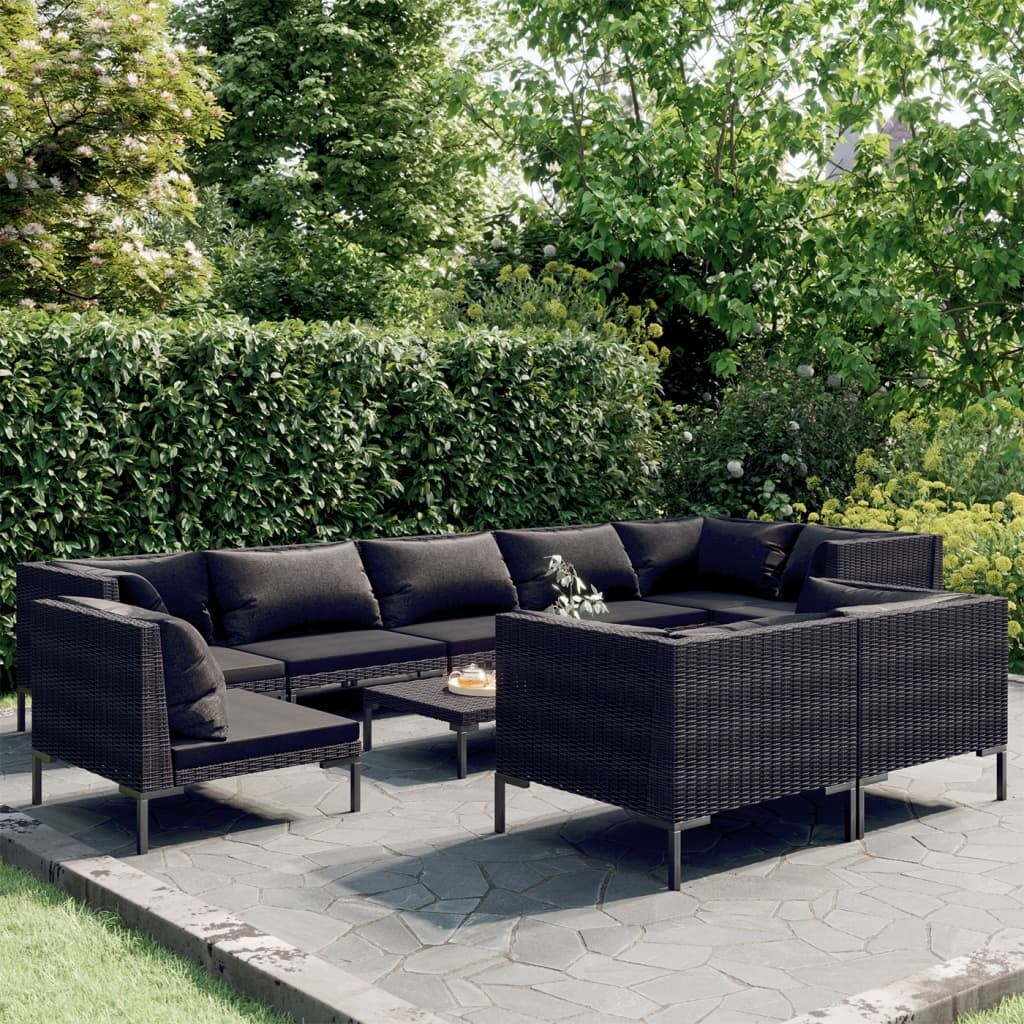 10 Piece Patio Lounge Set with Cushions Poly Rattan Dark Gray