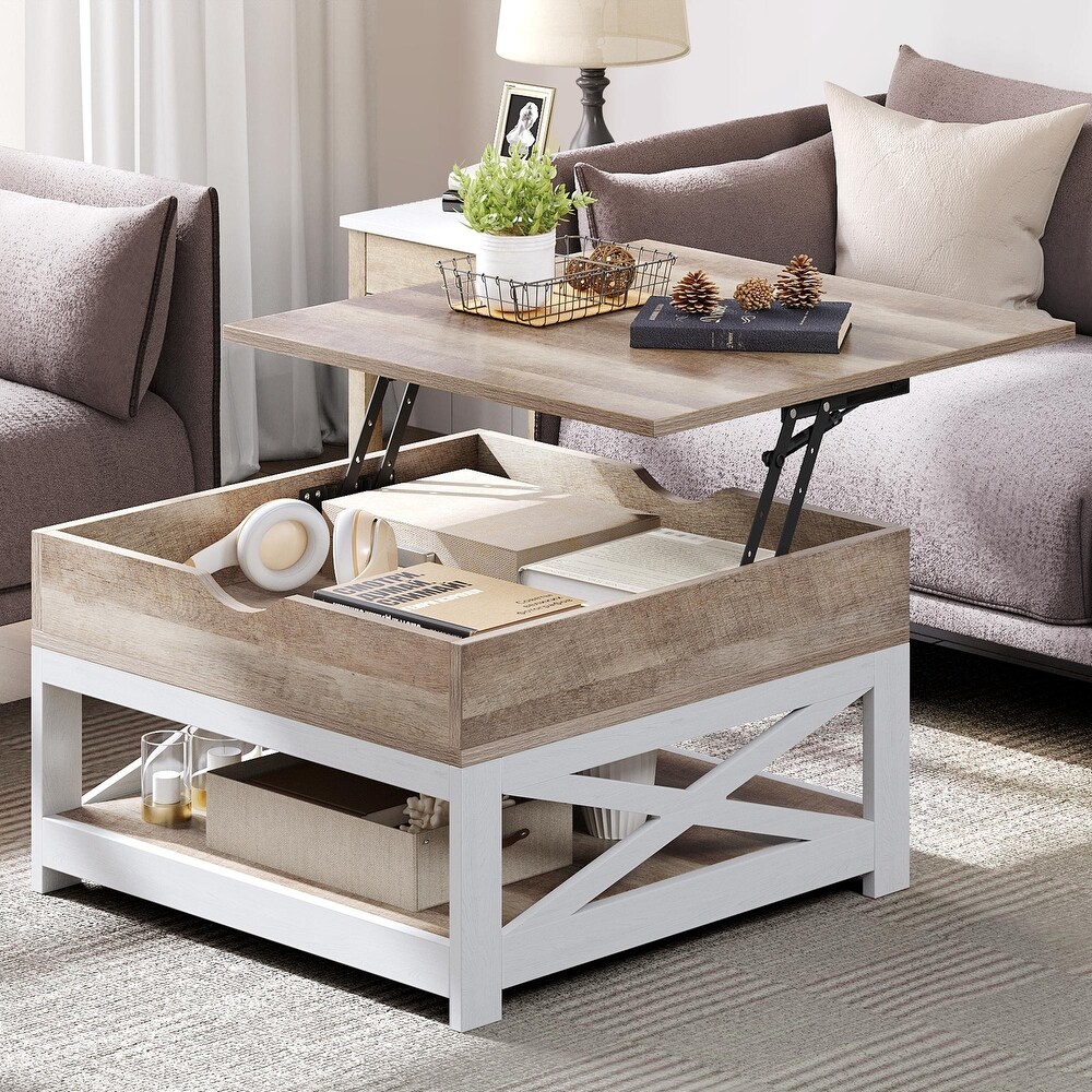 Moasis Farmhouse Lift Top Square Coffee Table with Storage and Shelf