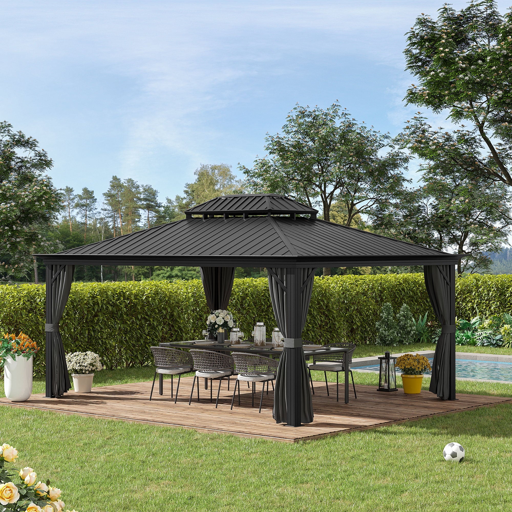 Outsunny 12' x 16' Hardtop Gazebo Canopy with Galvanized Steel Double Roof, Aluminum Frame, Permanent Pavilion Outdoor Gazebo with Netting and Curtains for Patio, Garden, Backyard, Deck, Lawn, Gray