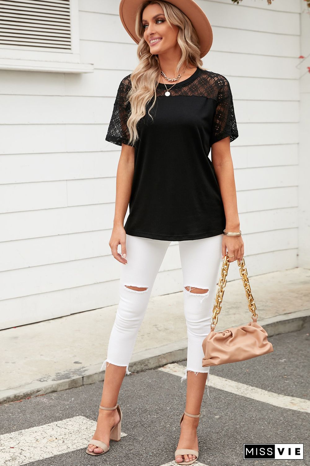 Black Plain Lace Stitching Short Sleeve Tee