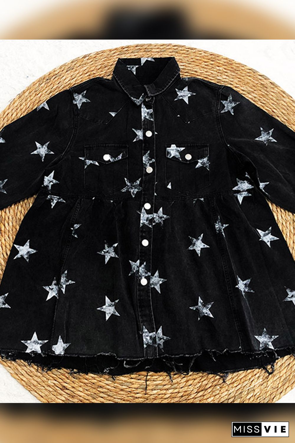 Stars Print Raw Hem Ripped Denim Jacket with Pockets Shacket Wholesale