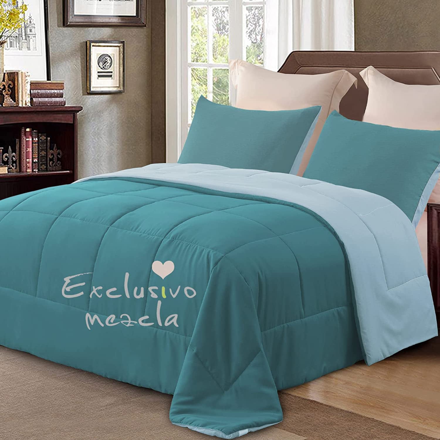 Exclusivo Mezcla Lightweight Reversible 3-Piece Comforter Set for All Seasons， Down Alternative Comforter with 2 Pillow Shams， Queen Size， Teal/Spa Blue