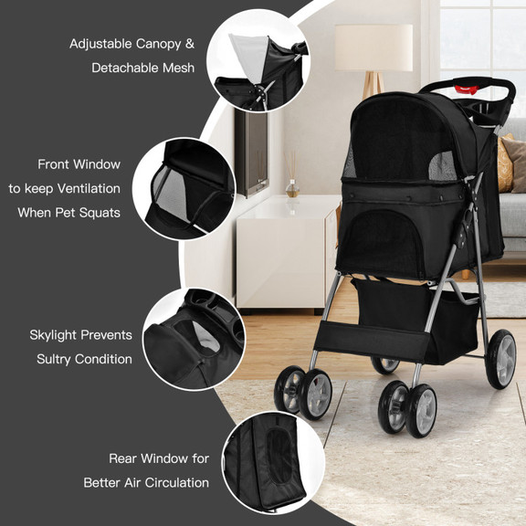 Costway 94362175 Foldable 4 Wheel Pet Stroller wit...