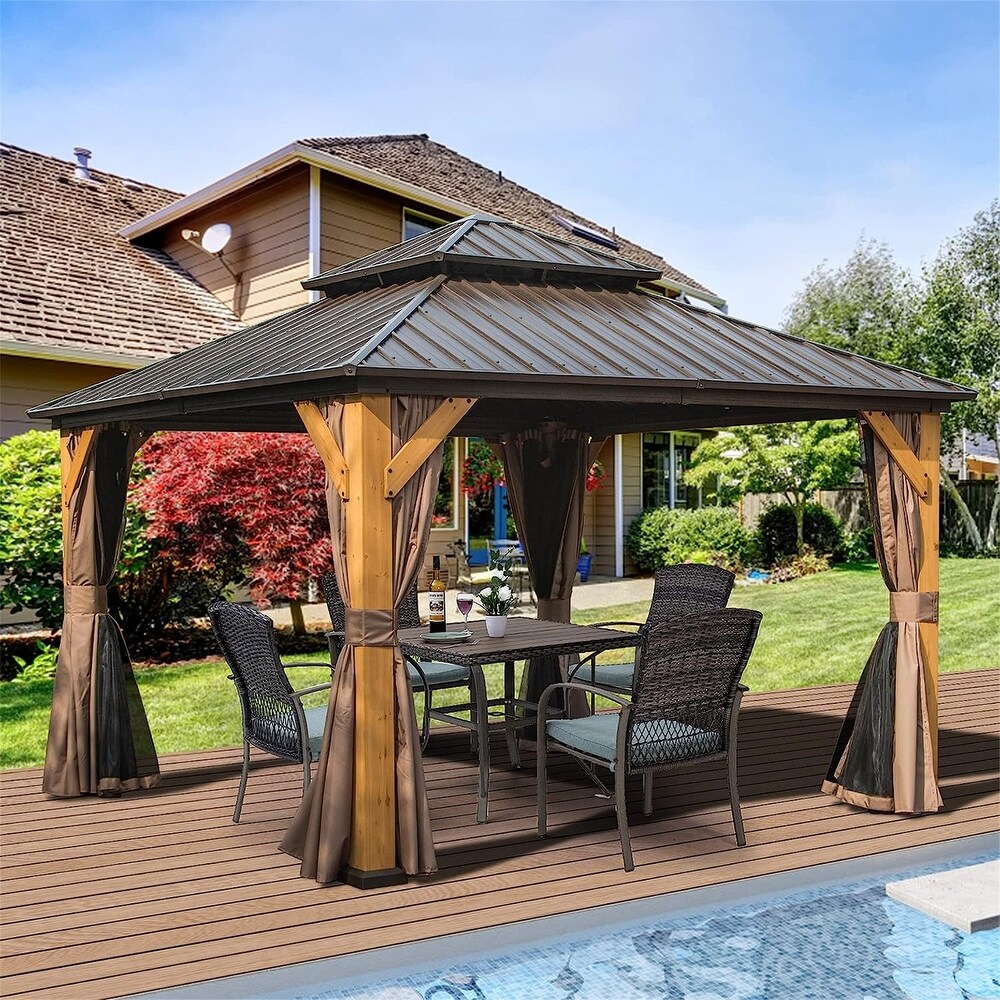 Outdoor Hardtop Gazebo  12ft x 12ft Cedar Wood Frame Pergola with Metal Double Roof Curtains Netting for Patio Brown