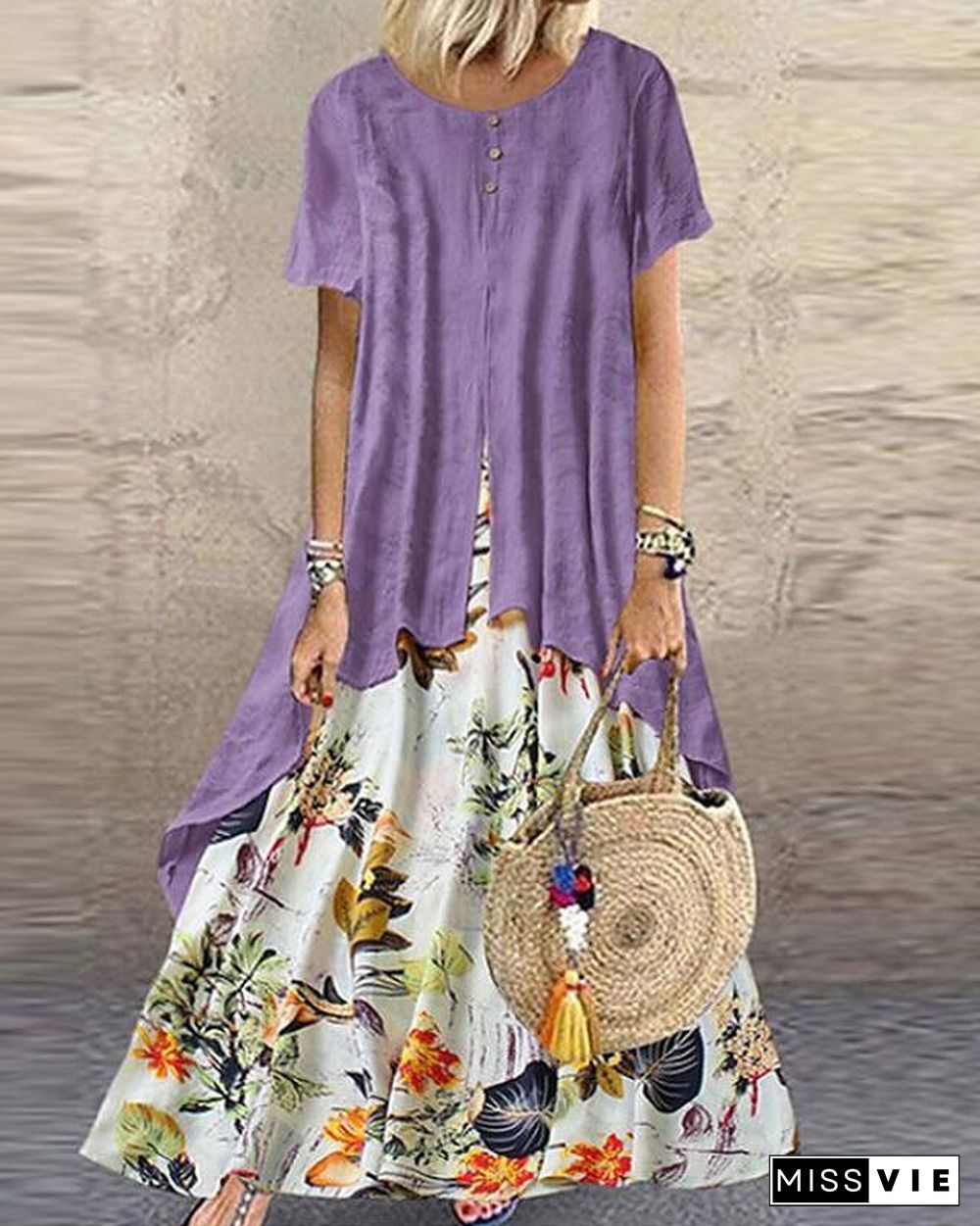 Women's Maxi long Dress - Short Sleeve Floral Layered Button Print Summer Plus Size Hot Casual Holiday vacation dresses Loose  Purple Yellow Pink Orange Green M L XL XXL 3XL 4XL 5XL