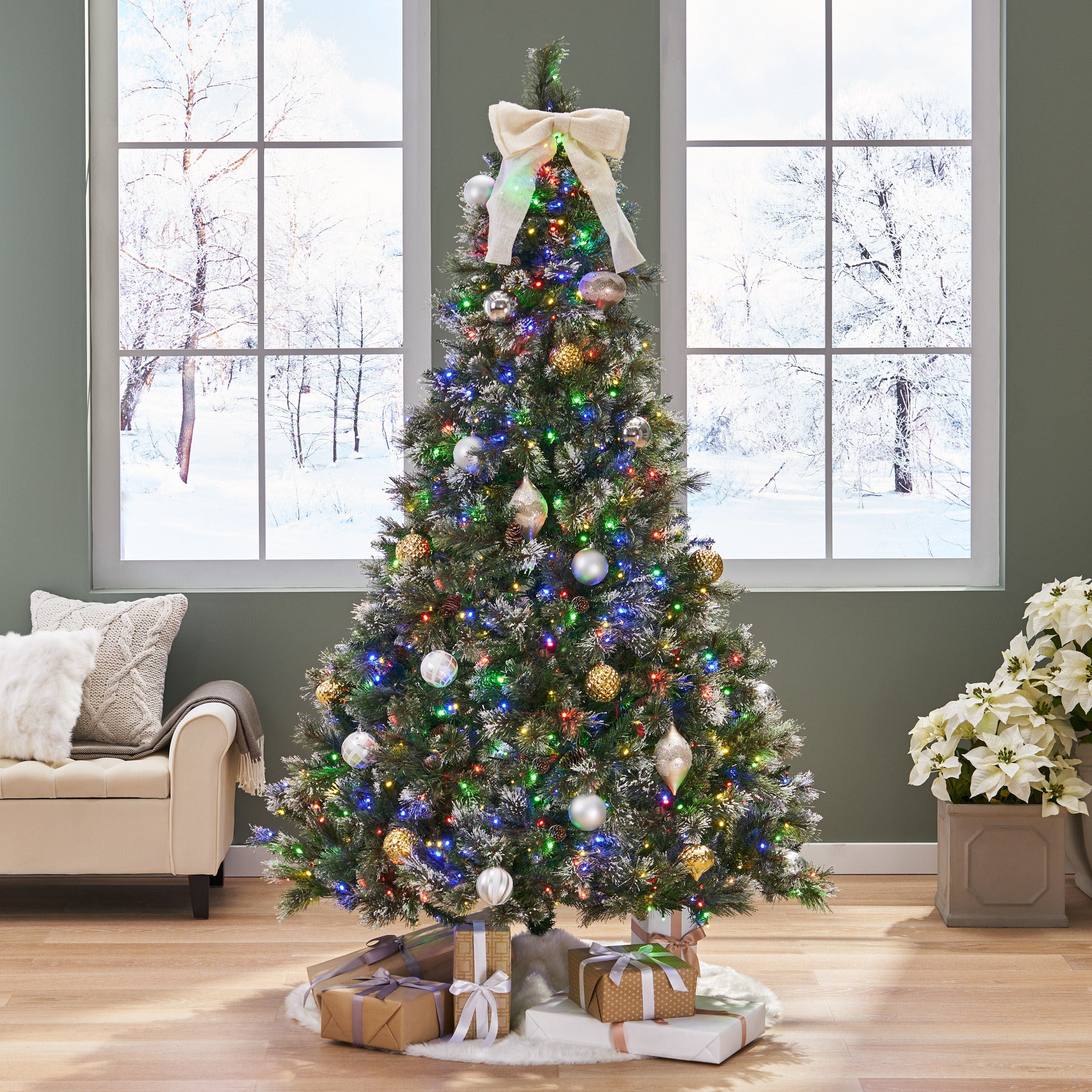 7.5-foot Cashmere Pine and Mixed Needles Pre-Lit Clear LED Hinged Artificial Christmas Tree with Snow and Glitter Branches and Frosted Pinecones