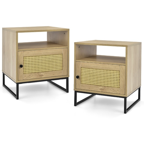 2 PCS Rattan End Table Sofa Side Table Nightstand with Cabinet Shelf