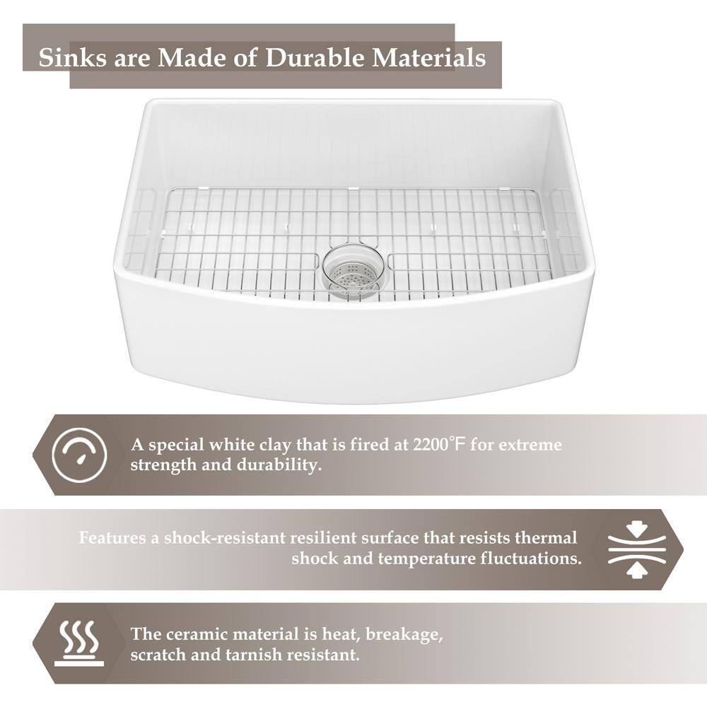 White Fireclay 30 in. Single Bowl Farmhouse Apron Kitchen Sink with Bottom Grid and Basket Strainer HKD-301810C-W