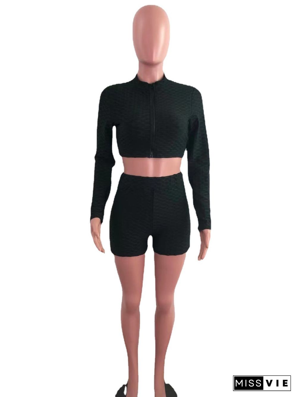 Women Solid Color Pineapple Grid Long Sleeve Zipper Crop Top Coat Slim Shorts Gym Sport 2 Piece Set