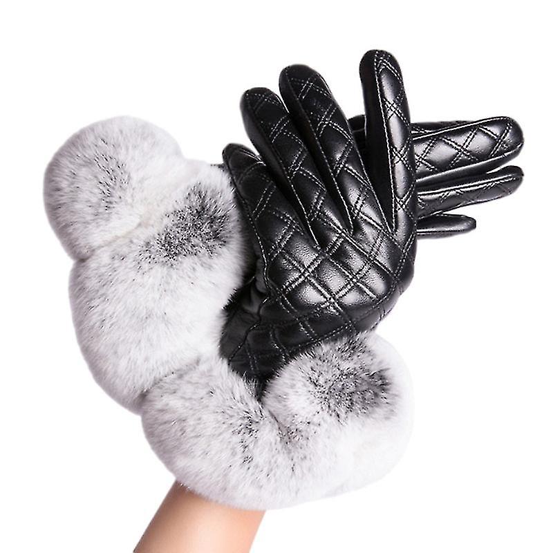 Women Warm Plushed Genuine Sheepskin Gloves Winter Gloves Touchscreen Fleece Lined Mittens With Rabbit Fur Cuffs