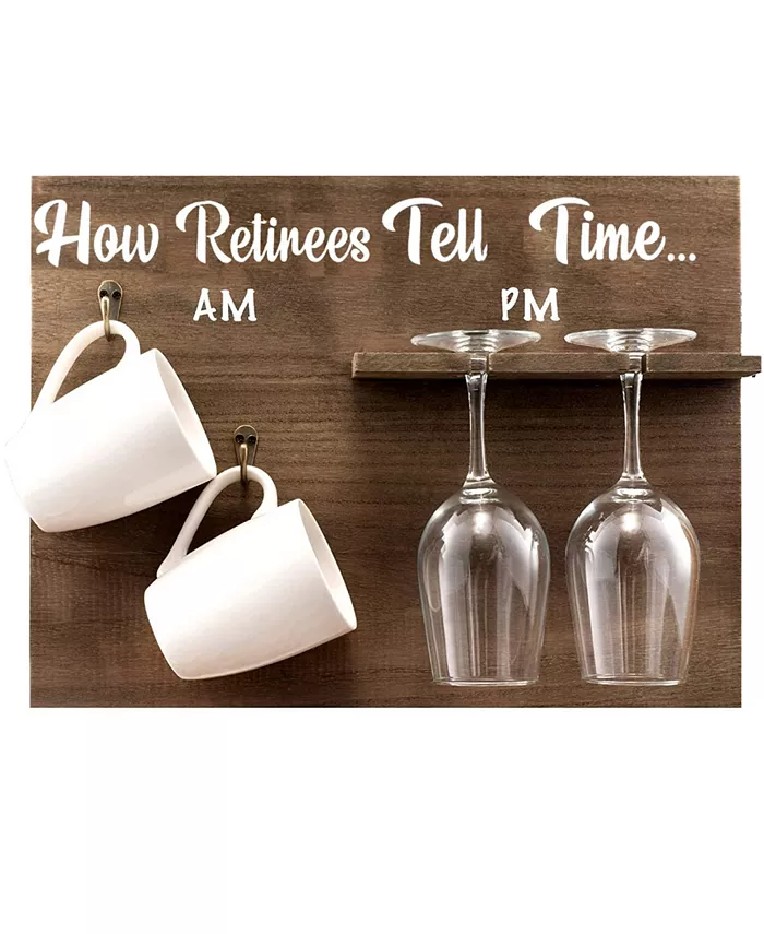 Bezrat How Retirees Tell Time Wall Mounted Wine Rack with Wine Glasses and Coffee Mugs， Set of 5