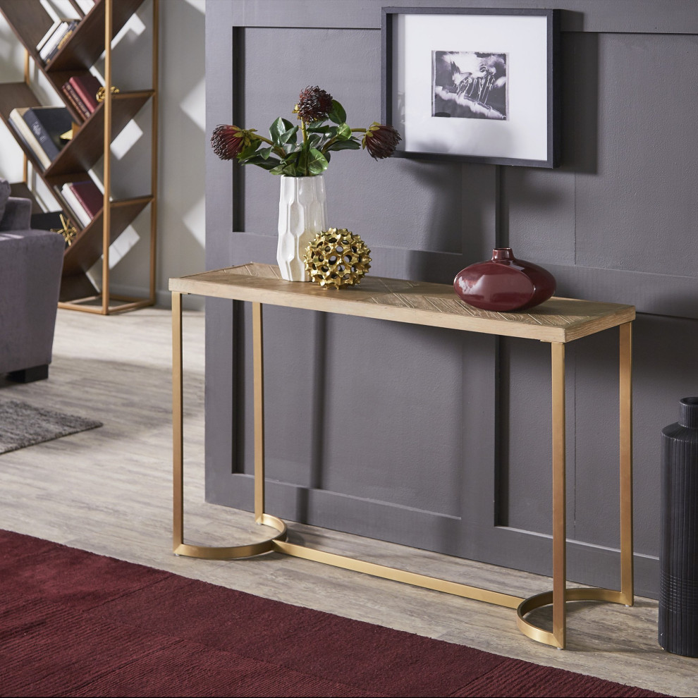 Glam Console Table  Trestle Like Shiny Gold Metal Base With Natural Wooden Top   Contemporary   Console Tables   by Decor Love  Houzz