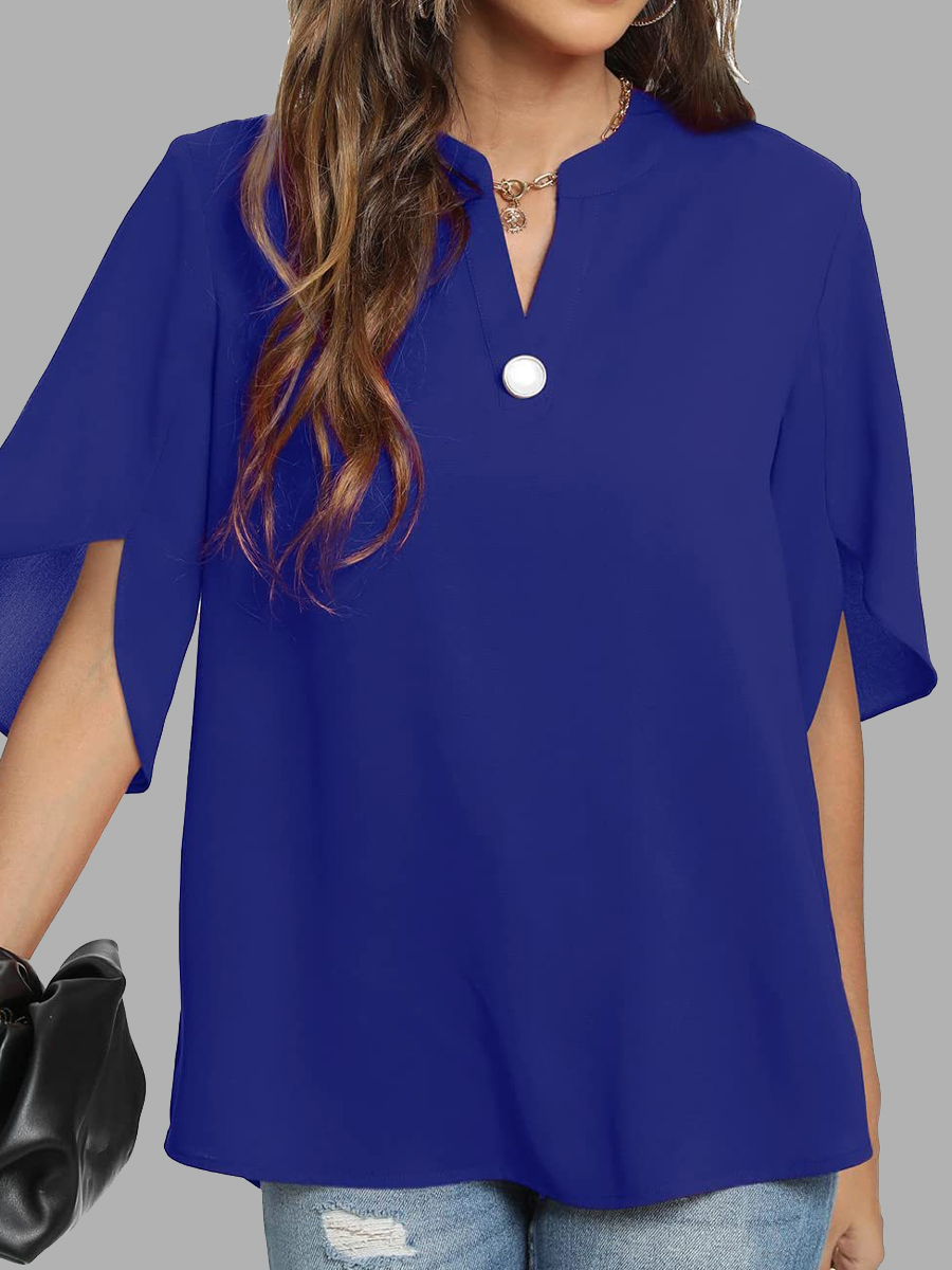 Casual Solid Color Button V-Neck Short Sleeve Blouse