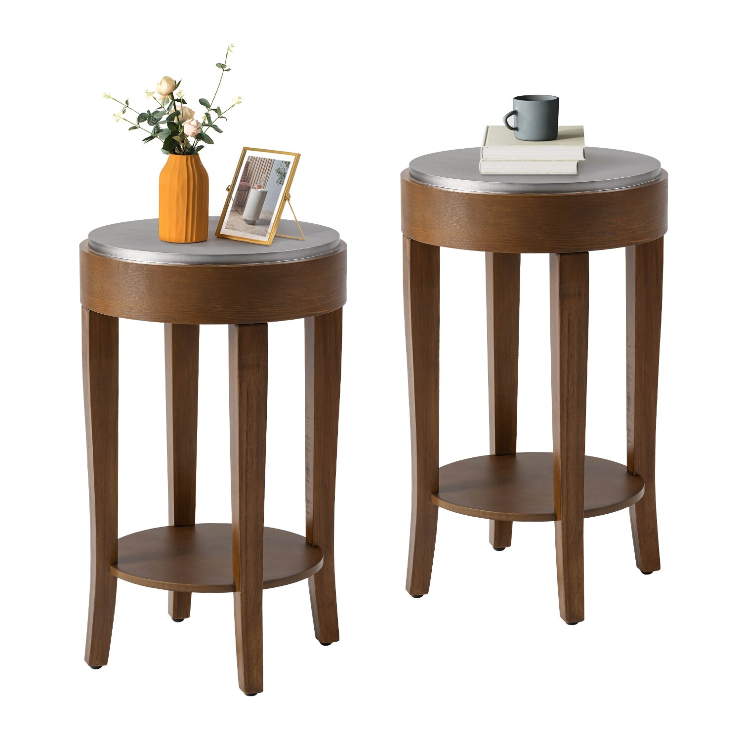 COSIEST 2-Tier Round Accent End Table with Shelf， Bedside Table