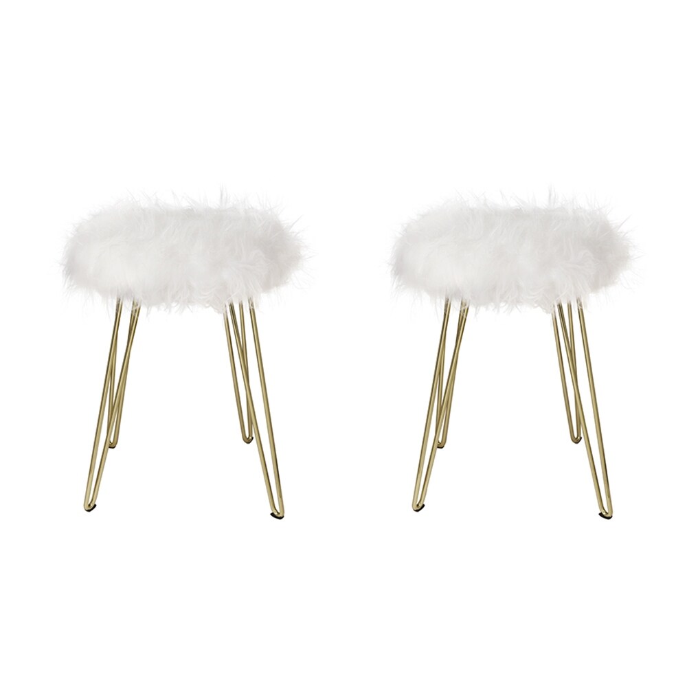 Faux Foot Stool/Vanity Chair with Golden Metal Legs  Small Fuzzy Fluffy Round Ottoman Storage   2 Pack