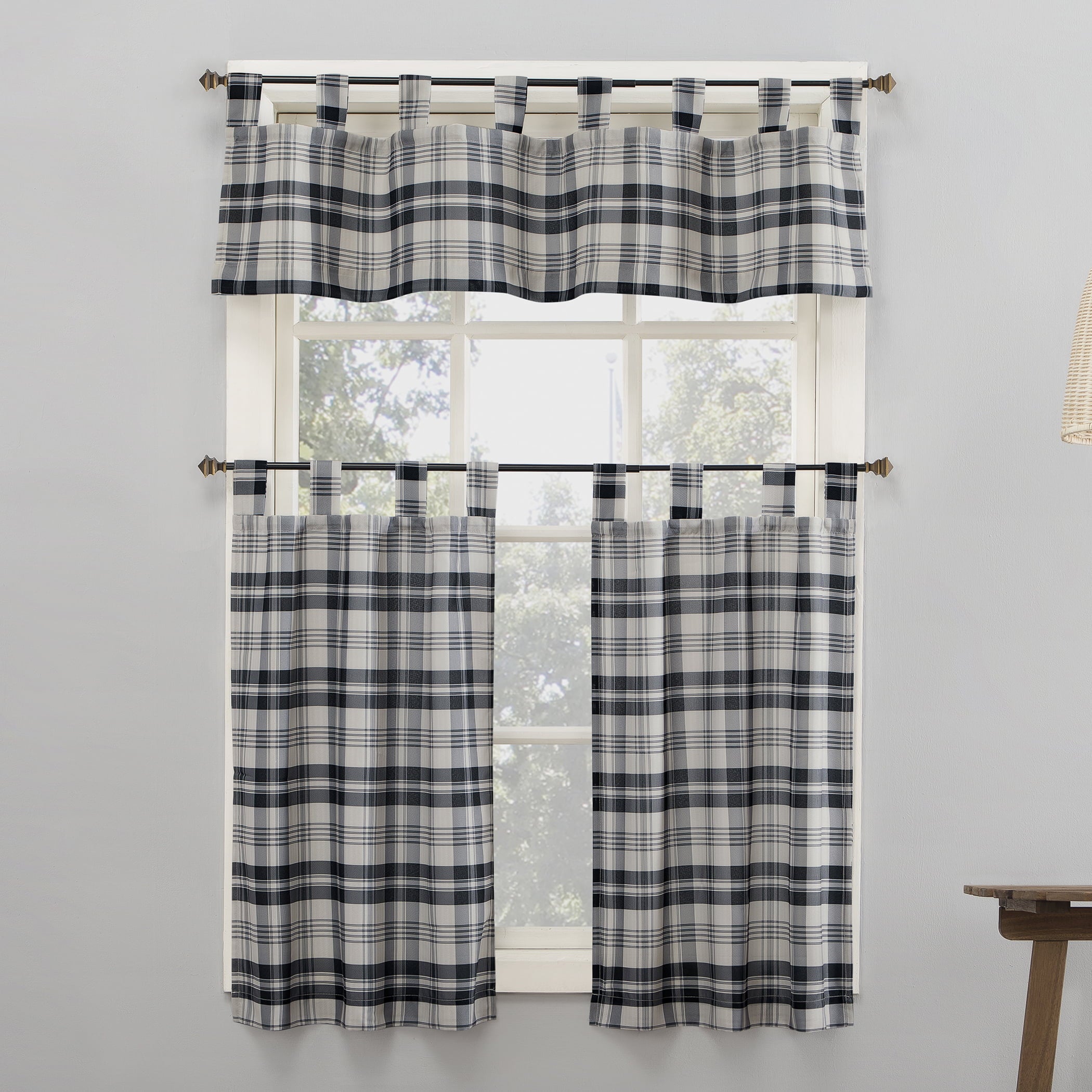 No. 918 Blair Farmhouse Plaid Semi-Sheer Tab Top Kitchen Curtains, 52x36, Coal