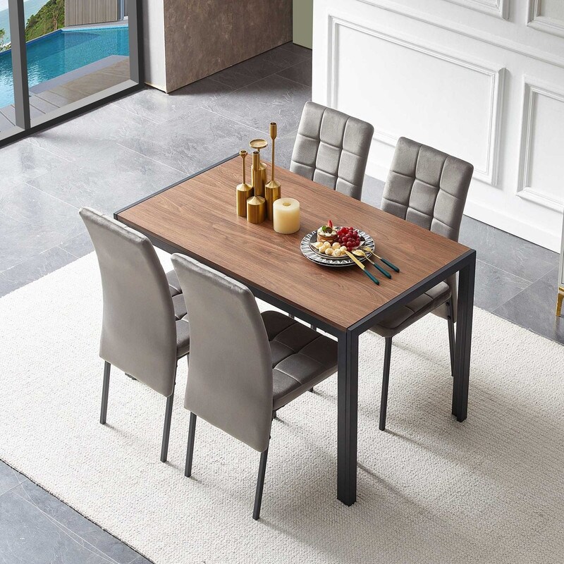 Modern 5 Piece Dining Table Set for 4 Solid Wood Table with Velvet High Back Dining Chair