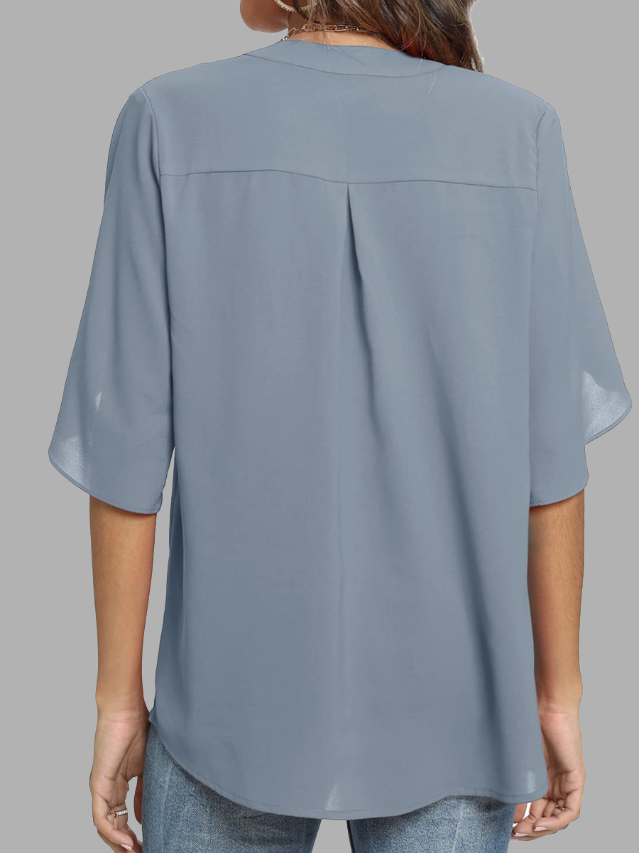 Casual Solid Color Button V-Neck Short Sleeve Blouse