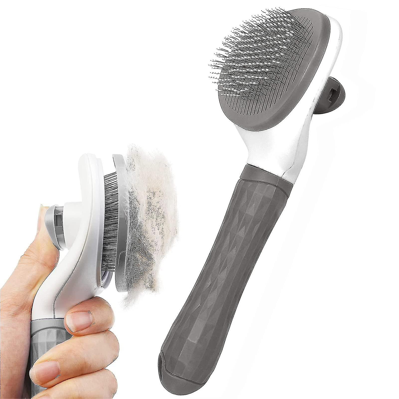 Dog Cat Grooming Brush - Self Cleaning Smooth Handle Brush - Pet Grooming Tool With Cleaning Knob