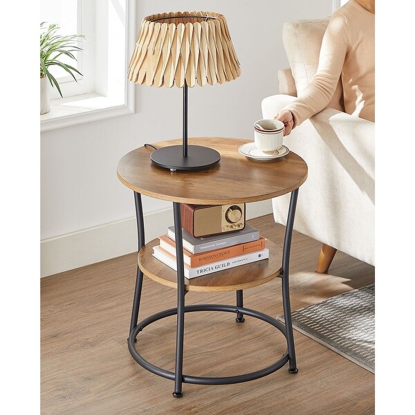 Side Table， Round End Table with 2 Shelves， Living Room， Bedroom， Easy Assembly， Steel Frame， Rustic Walnut and Black