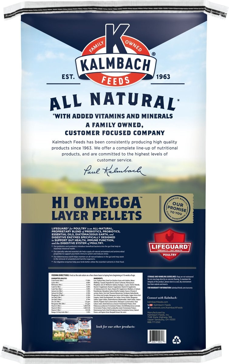 Kalmbach Feeds All Natural Hi Omegga Layer Pellets Chicken Feed， 50-lb bag