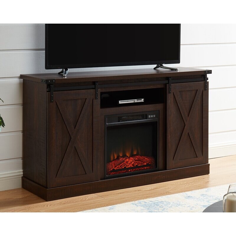 Fireplace TV Stand   Sliding Barn Door Farmhose Entertainment Center with 18'' Electric Fireplace Storage Cabinet