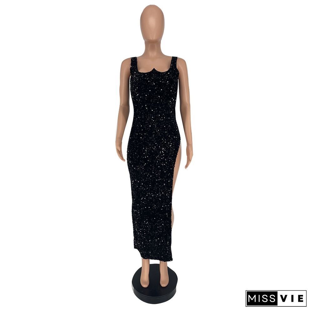 Velvet Sequin Stretch Slit Sleeveless Cocktail Dress