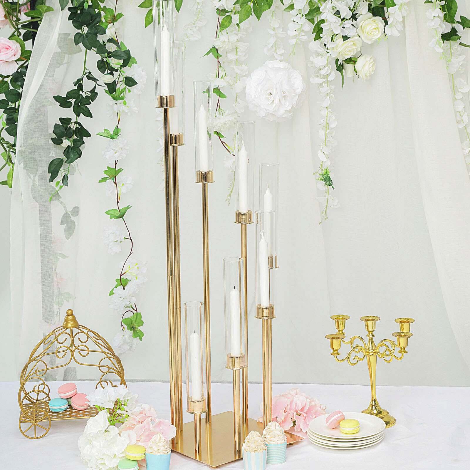 Gold 8 Arm Cluster Taper Candle Holder With Clear Glass Shades, Large Candle Arrangement 42