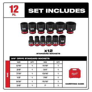 MW SHOCKWAVE 38 in. Drive SAE 6 Point Impact Socket Set (12-Piece) 49-66-7005