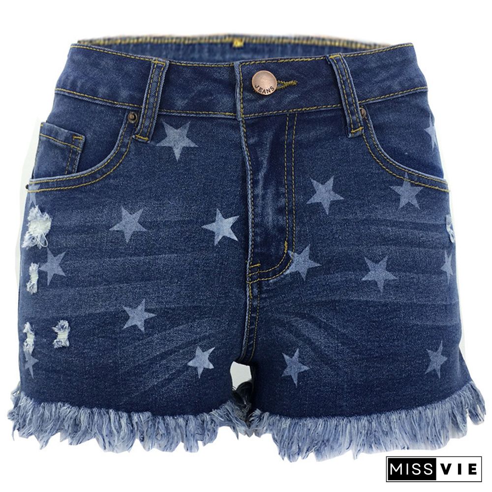 Dark Blue Star Print Shorts Jeans with Tassel