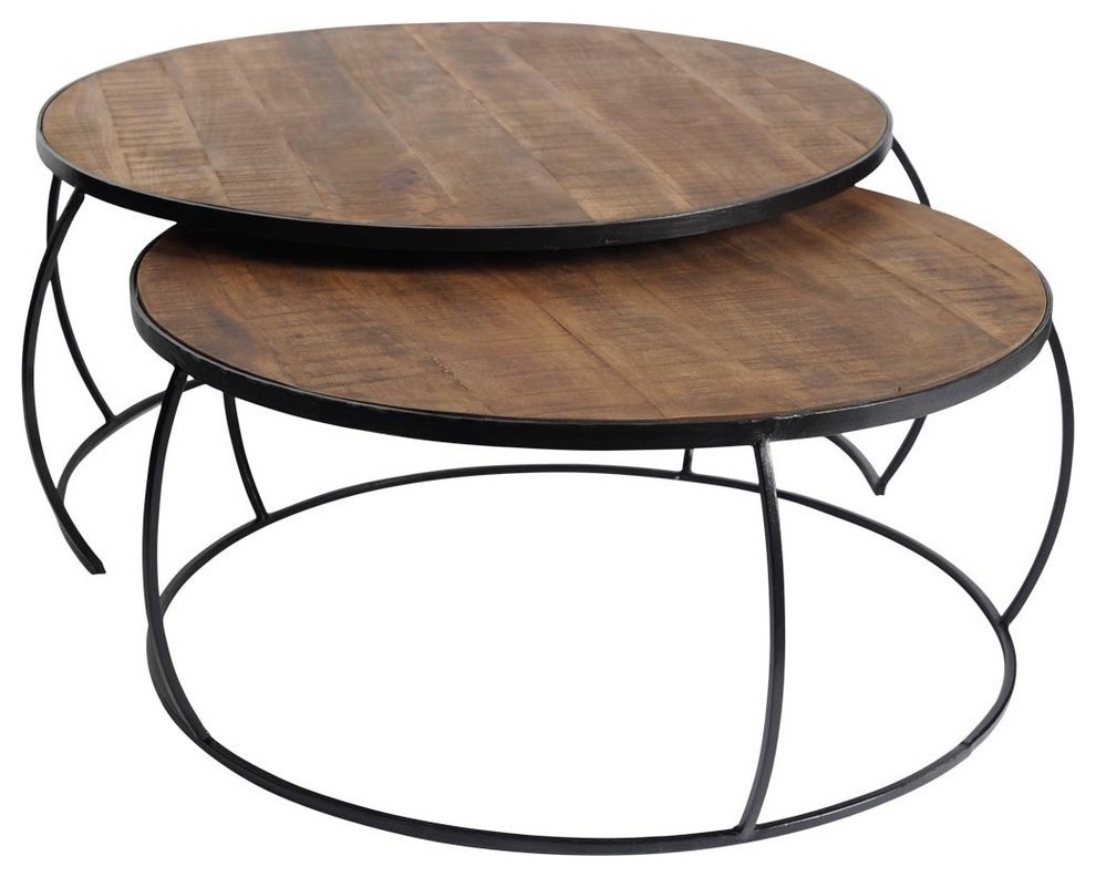 Clapp I  Set of 2  41 quot  38 quotBrown Wood Top Black Iron Base Nesting Coffee Tables   Industrial   Coffee Tables   by Mercana  Houzz