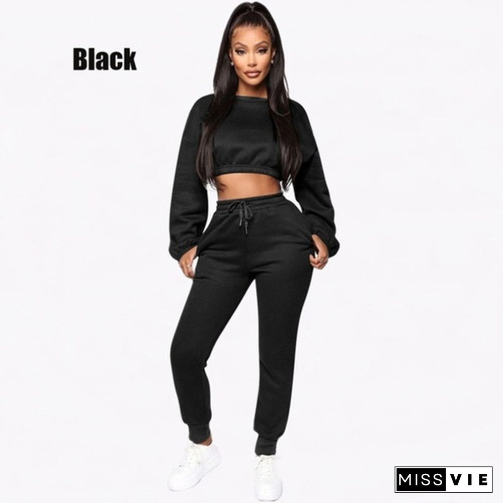 Winter Fleece Hoodies Tops And Pants Two Piece Set Women Tracksuit Crop Top Trousers Casual Sportswear Matching Set