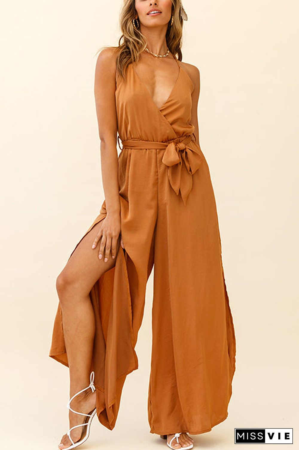 Slit Belted Slip Jumpsuits